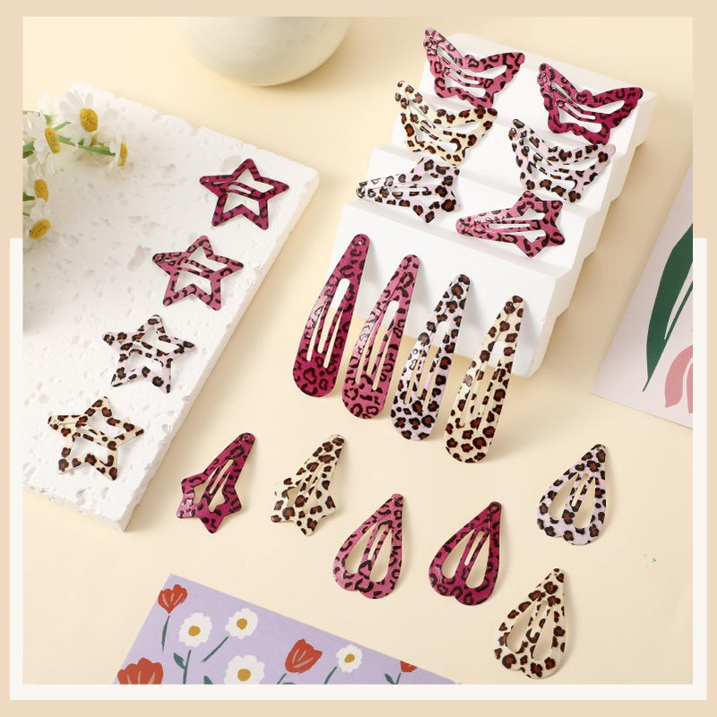 ZhouBoat 80 Pcs Metal Snap Hair Clips, Colorful Y2K Star Hair Barrettes Butterflies Hearts Water Drop Snap Hair Clips for Women, Pink and Brown Leopard Print, 5 Styles - Image 3